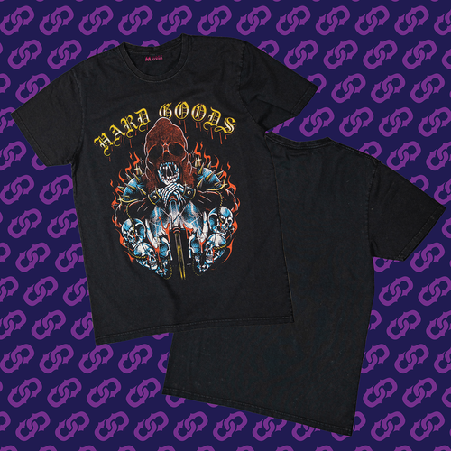 Black t-shirt with a graphic design on a purple background with chain pattern
